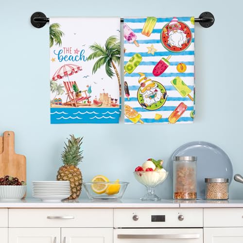 Summer Beach Gnome Tea Towels 4Pcs 19"×27.5", 100% Cotton Soft Kitchen Towel Hand Towels Multiple Uses Quick Dry Dish Cloth for Kitchen, Anniversary,Wedding, Decoration | 18.9 x 27.5 in / 48 x 70 cm, Lightweight Woven Dish Cloth with Beach Gnome Print for