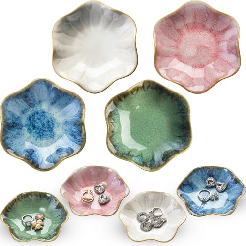 4 Pack Small Jewelry Dish Ceramic Trinket Holder Dish Tray for Rings Earrings Necklaces Bracelets 4.3 x 3.9 Inch Key Bowl Women's Birthday Mother's Day Wedding Gift - color: Green, White, Crystal Green, Pink, style: Ceramic
