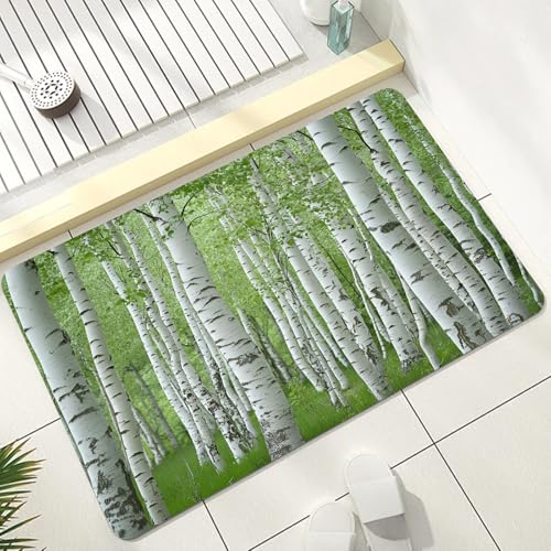 Birch Tree Small Bath Mat 18"x30", Spring Woodland Shower Rug | Botanical Green Leaves Non Slip Bathroom Floor Mat, Quick Dry Washable Absorbent Diatomaceous Earth Mats - color: Emerald Green, size: 18x30 inch