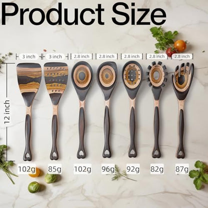 7PCS Pakkawood Kitchen Utensil Set | Heart-Shaped Wooden Spoons for Cooking | Heat-Resistant Wooden Spoons | Kitchen Essential Gift | Tuscan Brown - color: Tuscan Brown-7PCS Heart-Shaped Handles