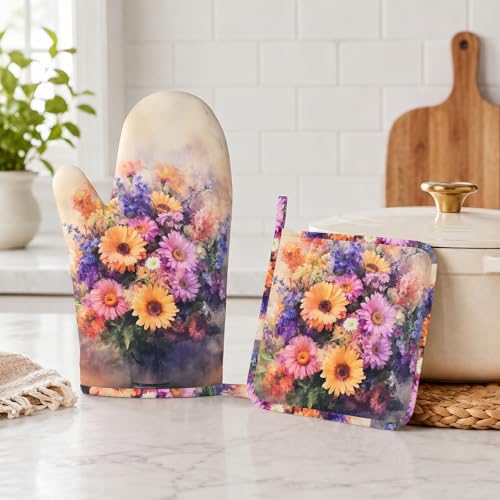 Retro Blooming Flowers Oven Mitts and Pot Holders Sets Silicone Kitchen Mitts Potholders Heat Resistant Oven Gloves Hot Pads for Kitchen Baking Cooking - color: Retro Blooming Flowers
