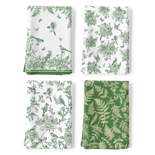 Green Chinoiserie Tea Towels, 100% Cotton Kitchen Towels, Set of 4 | 18.9 x 27.5 in / 48 x 70 cm, Lightweight Woven Dish Cloth with Green Chinoiserie Print for Kitchen Decor, Housewarming Gift - color: Chinoiserie
