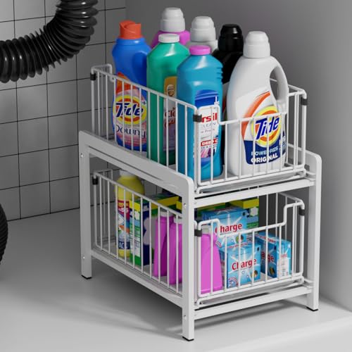 2-Tier Pull Out Cabinet Organizer, Slide Out Under Sink Organizer | Metal Cabinet Baskets with Mesh Sliding Drawer for Home, Office, Bathroom, Kitchen, Pantry Storage Shelf, Large White - color: White
