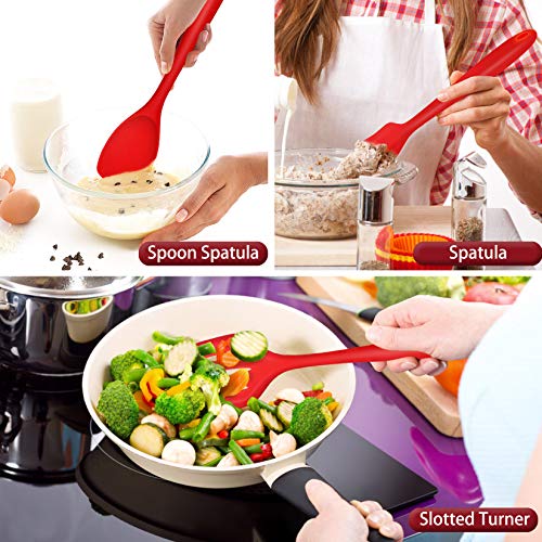 P&P CHEF Red Kitchen Utensils, Silicone Cooking Utensil Set of 7 | Soft Spatula for Nonstick Cookware, Slotted Turner, Soup Ladle, Pasta Server, Spoon for Cooking, Dishwasher Safe & Heat Proof - color: Red