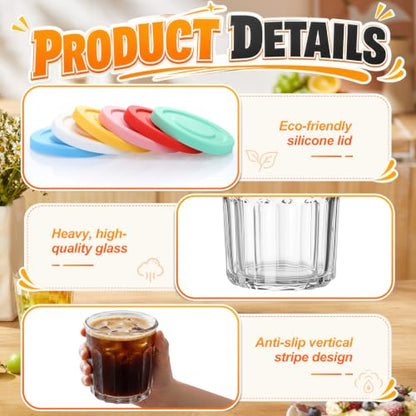 Suclain Glass Cups with Lids Set of 6, 13.5 oz Clear Coffee Cups,Colorful | Thick Drinking Glasses, Heavy Duty Tumblers with Leak Proof Lids, Glassware for Cold Drinks, Iced Coffee Yogurt Overnight - color: Colorful
