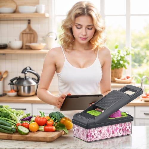 15-in-1 Vegetable Chopper 10 Blades, Veggie Cutter with Handle, Green/Grey | Stainless Steel Blades, Food Container and Lid, Dicer, Slicer, Julienne, Egg Separator, Non-slip Base, Include Cleaning Tools - color: Green, size: 10 blades