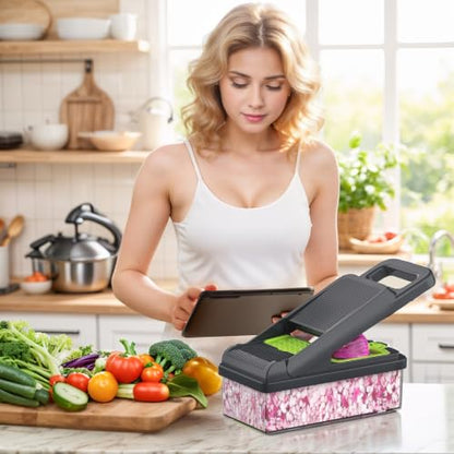 15-in-1 Vegetable Chopper 10 Blades, Veggie Cutter with Handle, Green/Grey | Stainless Steel Blades, Food Container and Lid, Dicer, Slicer, Julienne, Egg Separator, Non-slip Base, Include Cleaning Tools - color: Green, size: 10 blades
