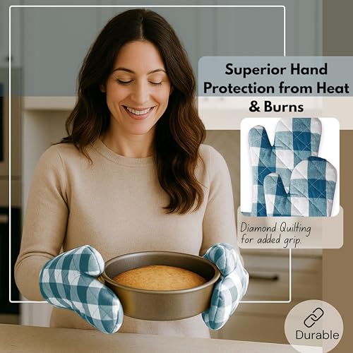 Native Fab Buffalo Plaid Check Oven Mitts and Pot Holders Set of 4, 100% Cotton Heat Resistant Kitchen Gloves, 2 Oven Mitts (7x13), 2 Pot Holders (8x8) for Cooking & Baking, Teal Green White - color: Buffalo, Teal Green