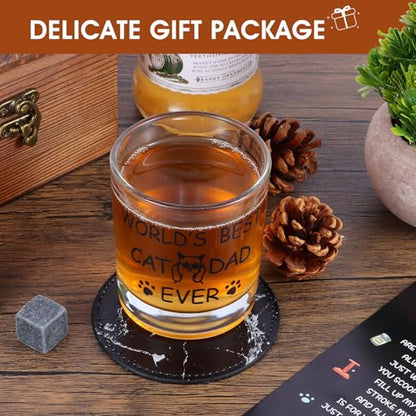 Bayelove Cat Dad Gifts, Best Gift for Dad, Gift with 12oz Whiskey Glasses, Stones, Coaster, Wooden Box for Catfather - color: Cat Dad