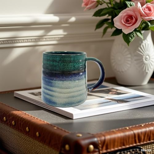 Ceramic Coffee Mugs, 16oz Large Pottery Tea Cup Mug with Handle, Wide Bottom, Transmutation Glaze Craft, Dishwasher & Microwave Safe for Home and Office (Green) - color: Green