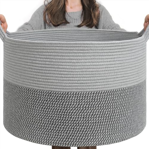 INDRESSME XXXLarge Woven Rope Blanket Basket Living Room Grey, 90L | 21.7" x 13.8" Storage baskets for toys laundry & pillows. Fits living room, bedroom or nursery décor. Soft-touch with handles - color: Light & Dark Grey, size: 21.7"D x 13.8"H