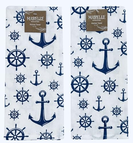 Summer Kitchen Dish Towel Set: Fun Nautical Anchor Captains Wheel Design, Set of 2 (Nautical) - color: Nautical