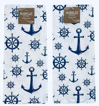 Summer Kitchen Dish Towel Set: Fun Nautical Anchor Captains Wheel Design, Set of 2 (Nautical) - color: Nautical