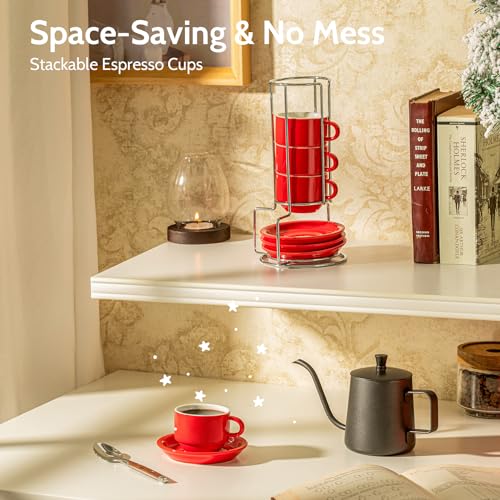 Sweese 4 Ounce Porcelain Stackable Espresso Cups with Saucers and Metal Stand Set of 4, Red - color: Red, size: 4 Ounces
