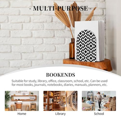 Geometric Black & White Patterns Print Book Ends, 1 Pair Sturdy Wooden Bookends for Shelves Heavy Duty Non-Slip Wood Bookend for Home Office Library School Study Decoration