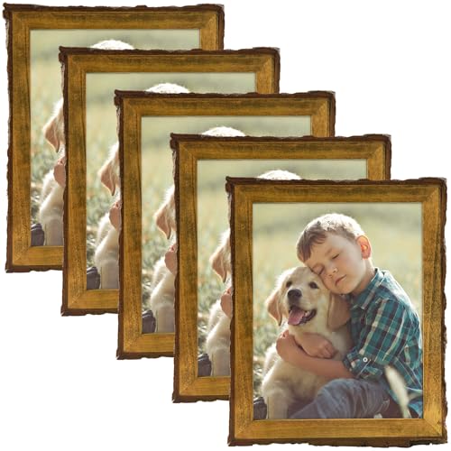 Golden State Art 8x10 Picture Frame Rustic Brown,Solid Wood&Bark Edge&Glass | 8x10 Picture Frame with Real Glass Cover, Display Posters/Photos/Prints for Wall Mounting, Farmhouse Decor, 5 Pack - color: 5 Pack, size: 8x10