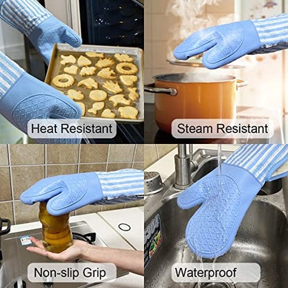 Alselo Silicone Oven Mitts Heat Resistant 932℉ with Waterproof & Non-Slip | Kitchen Mittens Set of 2,Extra Long Oven Gloves with Soft Cotton Terry Lining for Baking Cooking Barbecue (Blue,2) - color: Blue