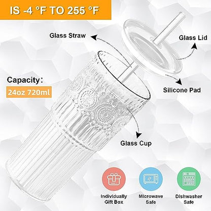 Bandesun All Glass Iced Coffee Cup With Lids and Straws，24 OZ High Borosilicate Glass Tumbler for Water Smoothie Juice Drinks - color: Clear
