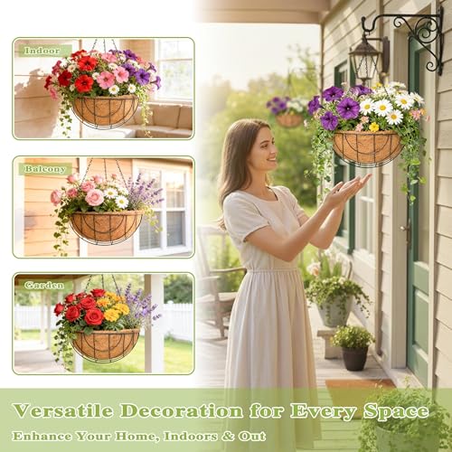 4 Pack 14 Inch Hanging Baskets for Plants Outdoor Metal Hanging Planter Hanging Flower Baskets with Coco Fiber Liners Chain Round Wire Plant Holder Hanging Flower Pots - size: 14 Inch, style: Flower Border