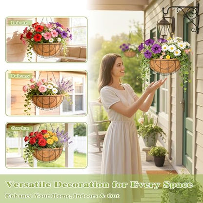 4 Pack 14 Inch Hanging Baskets for Plants Outdoor Metal Hanging Planter Hanging Flower Baskets with Coco Fiber Liners Chain Round Wire Plant Holder Hanging Flower Pots - size: 14 Inch, style: Flower Border