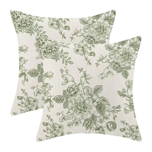 AEIOAE Chinoiserie Floral Pillow Covers 18 x 18 Inch Set of 2, Vintage Sage Green Flower Decorative Throw Pillow Covers Outdoor Linen Farmhouse Decor Pillowcase for Home Sofa - color: Sage Green Chinoiserie, size: 18" x 18" (Pack of 2)