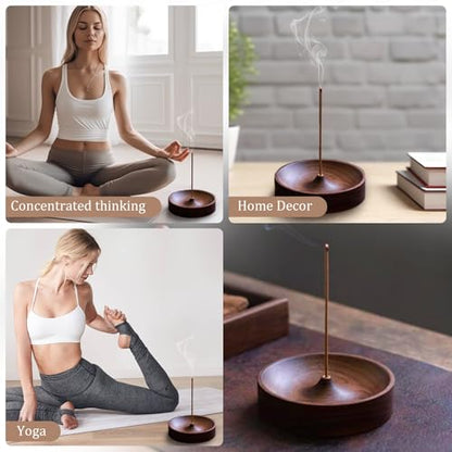 Incense Holder,Black Walnut Hand - Crafted Round Burner for Sticks with Ash Catcher,Perfect for Relaxation at Home, Yoga,Spa & as a Gift(3.5 * 3.5in) (1)