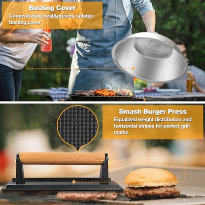 Terlulu Griddle Accessories Kit, 28 PCS Flat Top Grill Accessories for Blackstone and Camp Chef, Metal Spatula Set with Burger Press, Melting Dome, Tongs, Scraper, Carry Bag for Outdoor Grilling BBQ - style: with Rectangular Burger Press