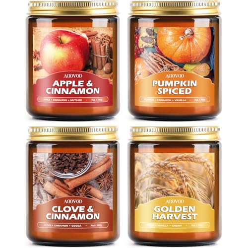 AOOVOO Fall Candles Set - 4 Pack Candles for Home Scented, 28 oz Natural Soy Wax 200 Hour Long Lasting, Autumn Gifts Set for Women Men Fall Fragrance of Pumpkin/Apple Cinnamon/Clove/Wheat Vanilla - color: Fall Candles, size: Pack of 4