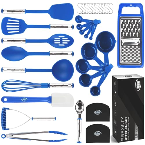 Kitchen Utensils Set 35 PCS Cooking Utensils Set, Nonstick and Heat Resistant Nylon Stainless Steel Silicone Spatula Set - Kitchen Gadgets Home Essentials Kitchen Accessories, Apartment Must Haves - color: Blue