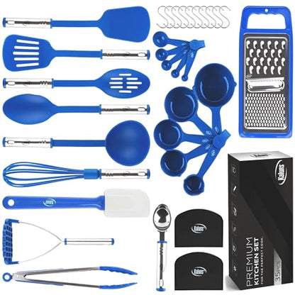 Kitchen Utensils Set 35 PCS Cooking Utensils Set, Nonstick and Heat Resistant Nylon Stainless Steel Silicone Spatula Set - Kitchen Gadgets Home Essentials Kitchen Accessories, Apartment Must Haves - color: Blue