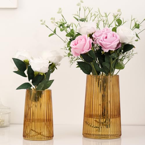 Ribbed Flower Vases Set of 2, Amber Vases for Flowers, Flower Vase for Bouquet, Modern Ribbed Glass Vase for Living Room, Bedroom, Dining Table, Office, Wedding, Centerpieces - color: Amber, size: Large+Medium