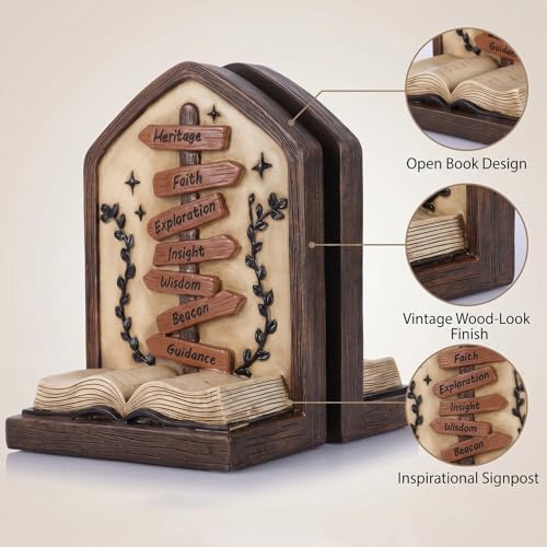 Bookends Set of 2 Resin Decorative Book Ends with Inspirational Signpost and Open Book Design, Distressed Library Decor for Bookshelf Office Study Shelf Display