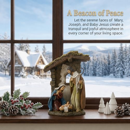 10 Inch Catholic Holy Family Statue, Nativity Scene Indoor, Joseph, Mary, & Jesus, Resin Figurine with Stable Backdrop, Hand-Painted Tabletop Decoration for Home, Traditional Christian Religious Gift