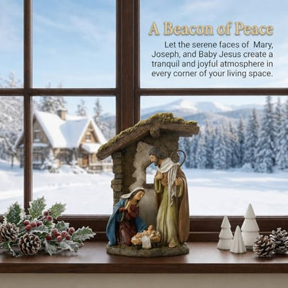 10 Inch Catholic Holy Family Statue, Nativity Scene Indoor, Joseph, Mary, & Jesus, Resin Figurine with Stable Backdrop, Hand-Painted Tabletop Decoration for Home, Traditional Christian Religious Gift
