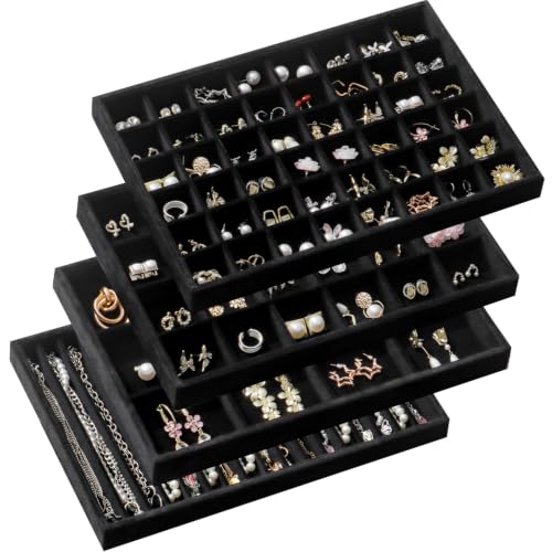 Large Velvet Jewelry Drawer Organizer Trays Set of 4 | Stackable Jewelry Trays Organizer Display Storage Showcase for Earring Necklace Bracelet Ring (Black, 12+17+24+48 Grids) - color: Black, size: 12+17+24+48 Grids