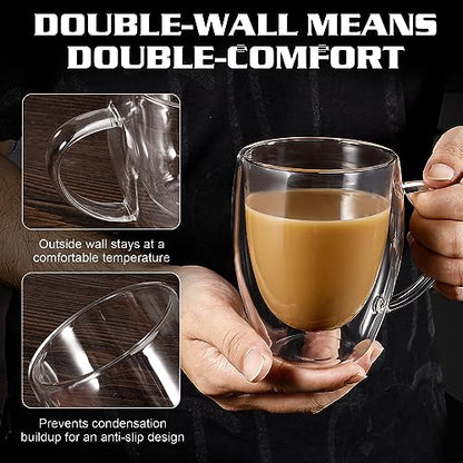 Clear Glass Double Wall Insulated Round Coffee Mugs Set of 6 Pieces - Medium Size 12oz Best Reusable Coffee Mug for Home Cafe Restaurant Perfect for Espresso Capucinno Lungo Latte Coffee - style: 12oz