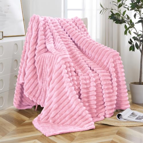 Taliska Pink Fleece Twin Blanket 60"x80" - Soft Cozy Fluffy Striped Blanket for Couch Sofa Bed, Lightweight Warm Twin Blankets for All-Season Home Decor - color: Pink, size: Throw(60"x80")