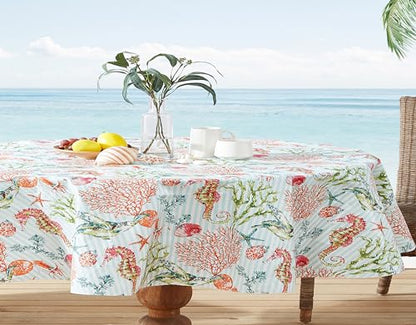 Newbridge Vinyl Oval Tablecloth with Flannel Backing, 60 x 84 Inch, Neponsit Sea Life, Waterproof, Soil Resistant Dining Room, Party and Banquet Table Cover, Starfish, Seahorses and Coral, Blue - size: 84" x 60" (Oval)