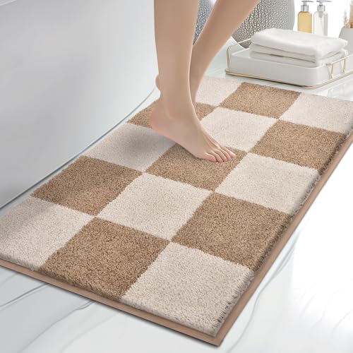 Bathroom Rugs, 20" x 30" Soft Bath Rugs, Checkered Beige & Grayish Brown | Non-Slip, Super Absorbent, Machine Washable, Quick Dry, Bath Mats for Shower and Bathtub, TPR Backing - color: Checkered-beige & Grayish Brown, size: 20" X 30"