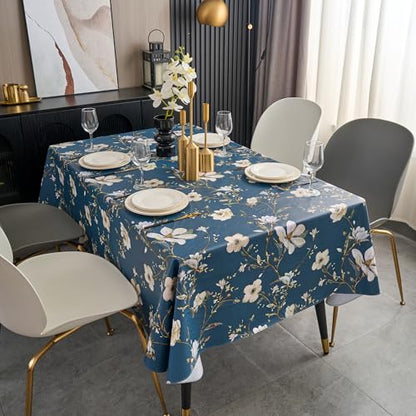Pioggia Vinyl Tablecloth with Flannel Backing - Waterproof, Oil-Proof, Easy to Clean -Plastic Table Cloth - Perfect for Dining Tables, Kitchen Tables, Parties (Blue Flower, 54×54 Inch Square) - color: Blue Flower, size: 54" x 54" (Square)