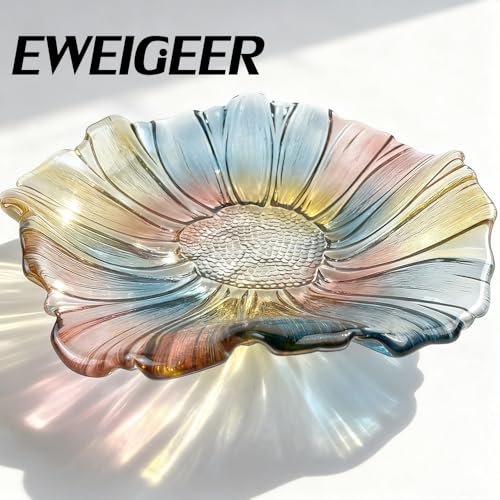 11.5-inch Crystal Glass Colorful Fruit Bowl Dessert Cake Candy Snack Plate,Art Sunflower-shaped,Large Size,Cool Design