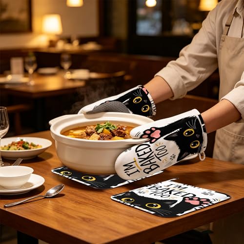 Funny Baker Black Cat Oven Mitts and Pot Holders Sets of 4 PCS, I’M Baked Too Oven Gloves Potholder for Kitchen Cooking Baking BBQ Heat Resistant - color: Funny Baker Black Cat