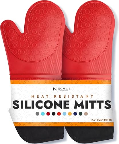 BPA-Free Soft Silicone Oven Mitts - Ultra Heat Resistant Oven Mitts with Thick Cotton Liner - Extra Long Slip Resistant Pot Holders, Flexible Oven Gloves - color: Canyon Red, size: 2-Piece 14.7" Oven Mitts