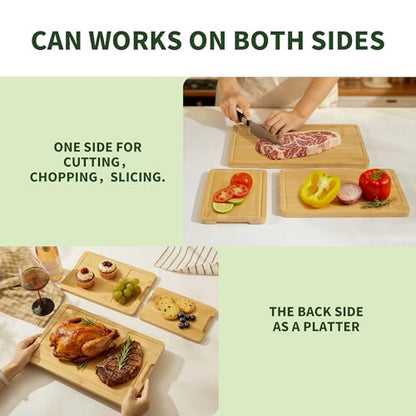 BAMBANG Bamboo Cutting Board Set, 3-Piece Wooden Chopping Boards for Kitchen, Non-Toxic Butcher Block with Juice Groove, Large Medium Small Cutting Boards for Meat, Vegetables & Cheese - color: Natural