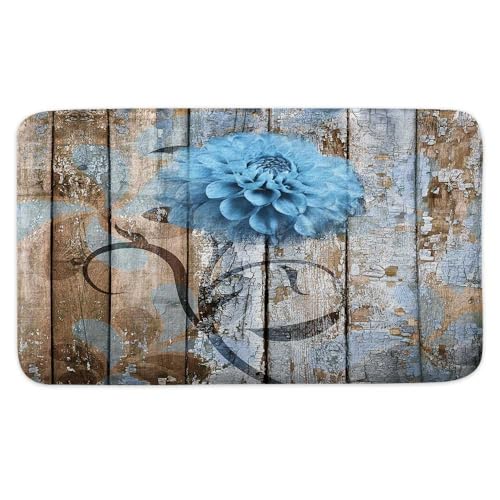 JAWO 4 Piece Blue Dahlia Dahlia Flower on Rustic Wooden Plank Country Style Shower Curtain Sets with Non-Slip Rugs, Toilet Lid Cover and Bath Mat, Shower Curtain with 12 Hooks - color: Blue, size: 5'10" x 5'10" (Rectangular)