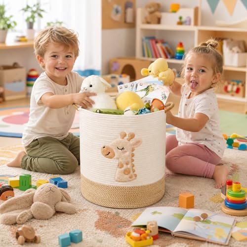 Large Blanket Basket for Living Room Storage,Toy Baskets Storage for Kids Stuffed Animal Storaged, Big Cute Cotton Rope Woven Laundry Basket with Handle for Nursery Baby Shower Gifts