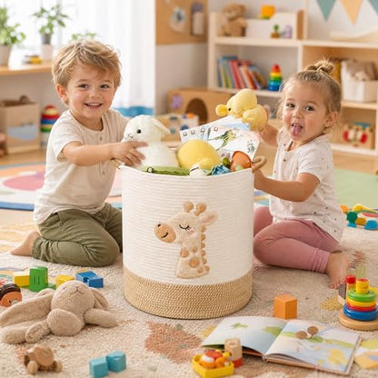 Large Blanket Basket for Living Room Storage,Toy Baskets Storage for Kids Stuffed Animal Storaged, Big Cute Cotton Rope Woven Laundry Basket with Handle for Nursery Baby Shower Gifts
