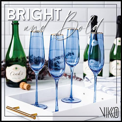 Vikko Champagne Flutes, 8.5 Ounce Toasting Champagne Flute, Blue with Gold Rim Crystal Clear Champagne Glasses, Set of 2 Elegant Sparkling Wine Glasses