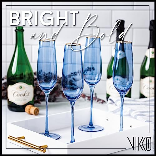 Vikko Champagne Flutes, 8.5 Ounce Toasting Champagne Flute, Blue with Gold Rim Crystal Clear Champagne Glasses, Set of 4 Elegant Sparkling Wine Glasses
