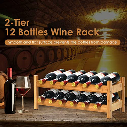 HAPPYGRILL Wine Rack, Free Standing 12 Bottles 2-Tier Wine Display Rack, Bamboo Wine Storage Rack Countertop, Natural Wine Bottle Holder Shelf for Bar, Home, Kitchen, Pantry - color: Nature